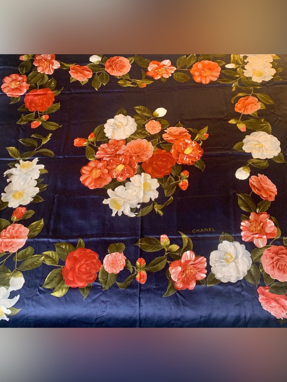 CHANEL SILK LARGE SCARF WRAP ‘COCO CAMELLIA’ FLORAL NAVY EUC